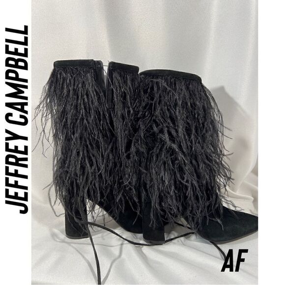 JEFFREY CAMPBELL SHAKE YA OSTRICH FEATHER BOOTS NEW BLACK - Picture 4 of 11